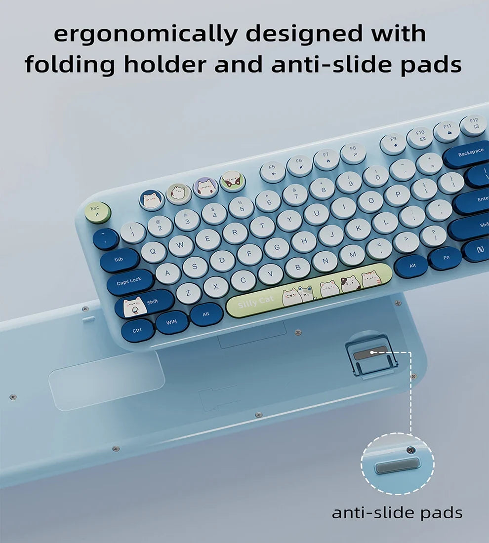 JOMAA™ Retro Cute Cat Wireless Keyboard & Mouse Combo – 104 Keys, Round Keycaps, 2.4GHz, Ergonomic, Auto Sleep, Multi-Language, Beige & Blue | FlipStylez LLC®