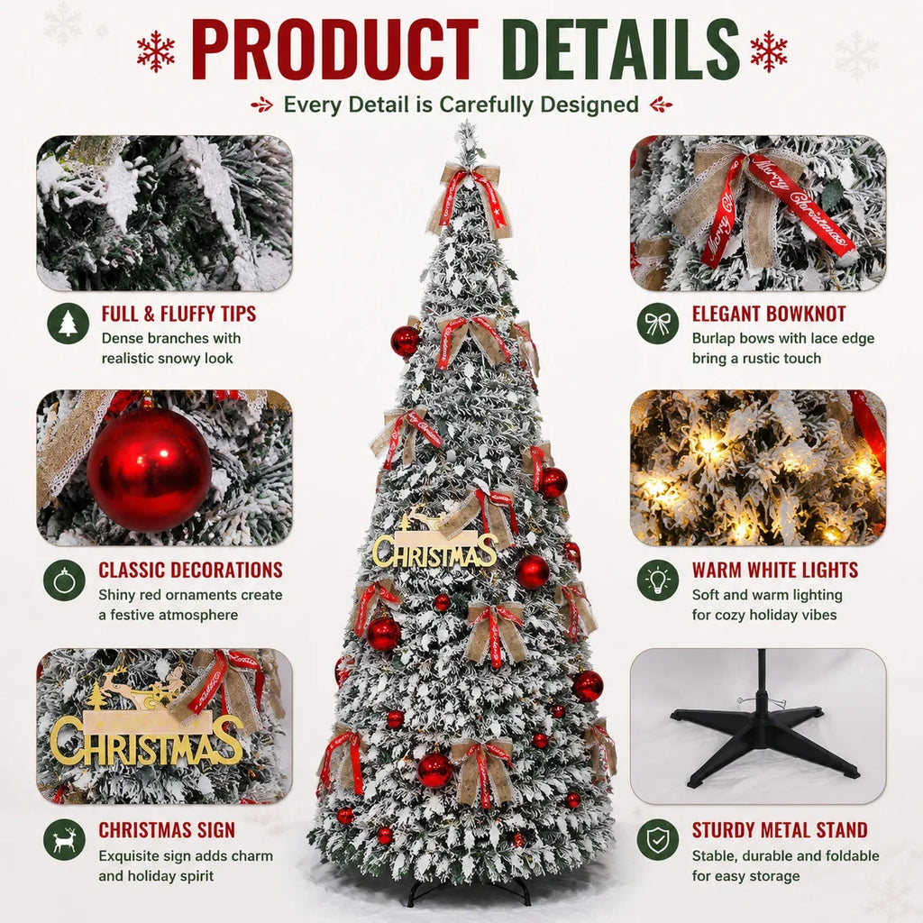 Foldable Christmas Tree with LED Lights Snow Flocked Artificial Xmas Tree Slim Space Saving Party Home Holiday Decoration