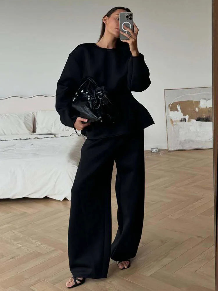 BJTZ Spring Autumn Women Solid Crew Neck Long Sleeve Top Wide Leg