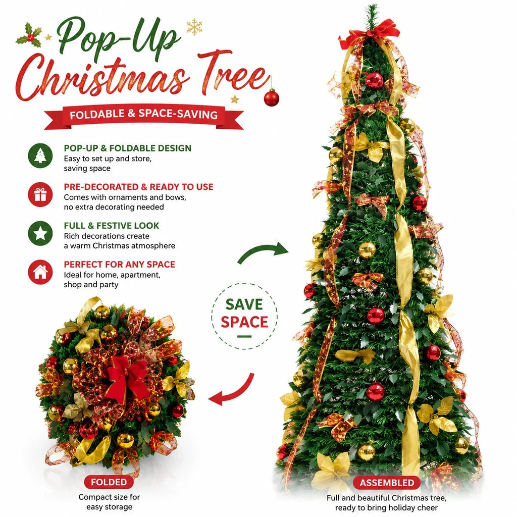 Pre Decorated Foldable Christmas Tree Artificial PVC Xmas Tree 5FT 6FT 7FT with Ornaments Space Saving Design LED Light Option