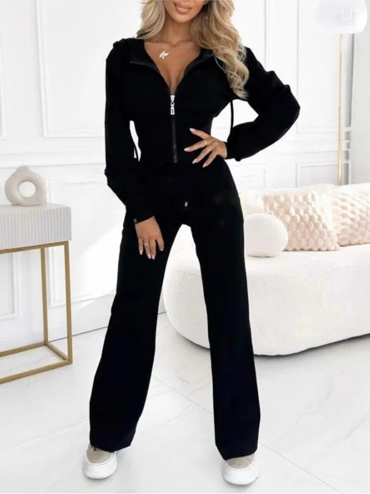 Autumn Winter Hooded Zipper 2 Piece Sweatsuit Women Casual Sets