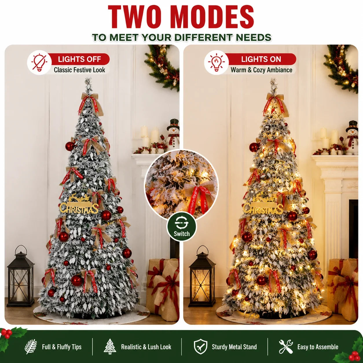 Foldable Christmas Tree with LED Lights Snow Flocked Artificial Xmas Tree Slim Space Saving Party Home Holiday Decoration