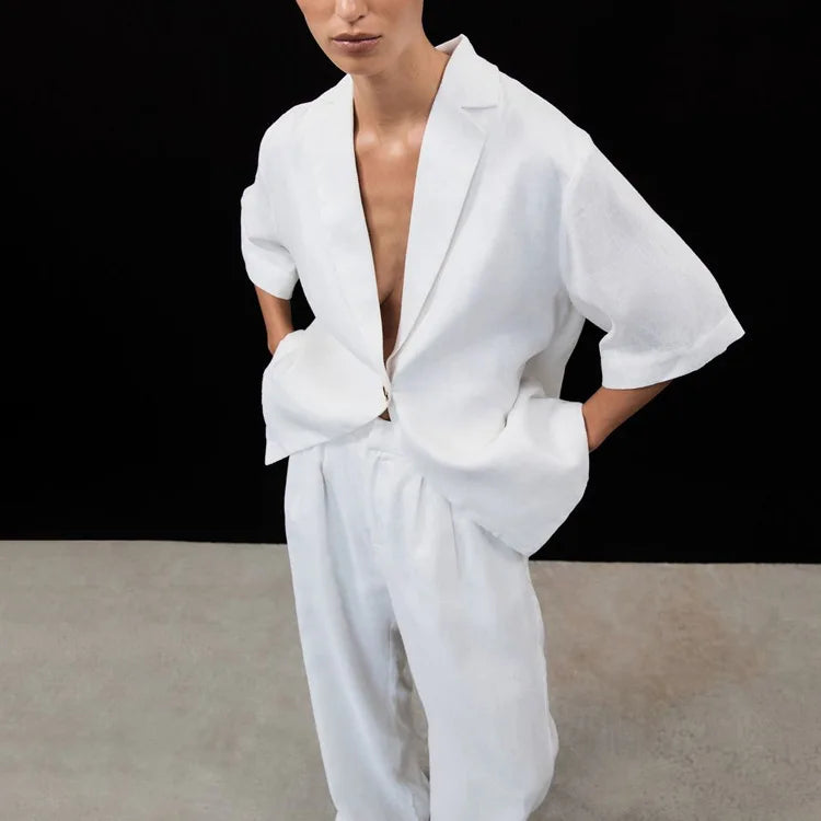 New Cotton Turn-Down Collar Half-Sleeve Top Wide-Leg Pants Two-Piece