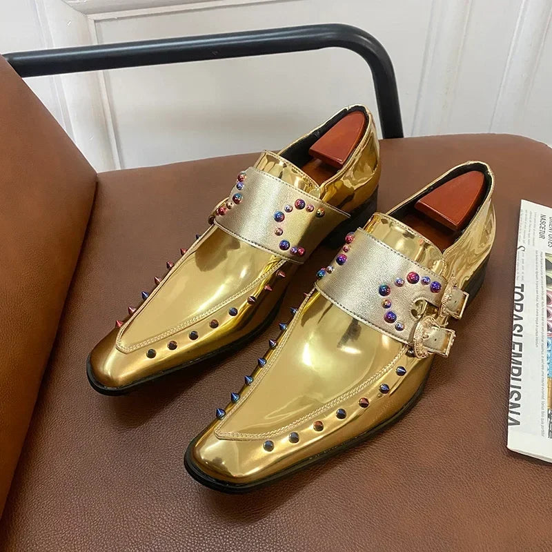 New Gold Men Dress Shoes Rivet Breathable Square Toe Double Buckle