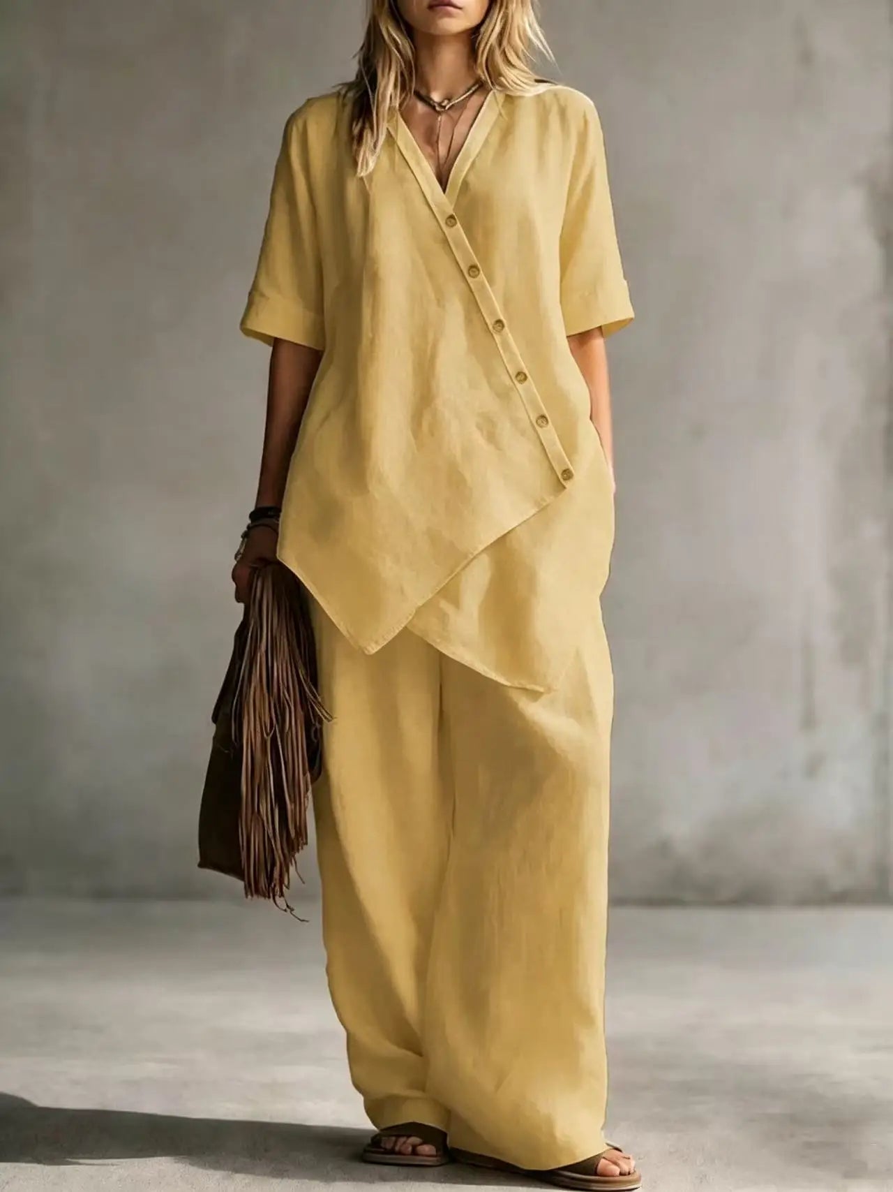 Women's Fashion Casual Solid Color V-Neck Loose Short Sleeve Top and