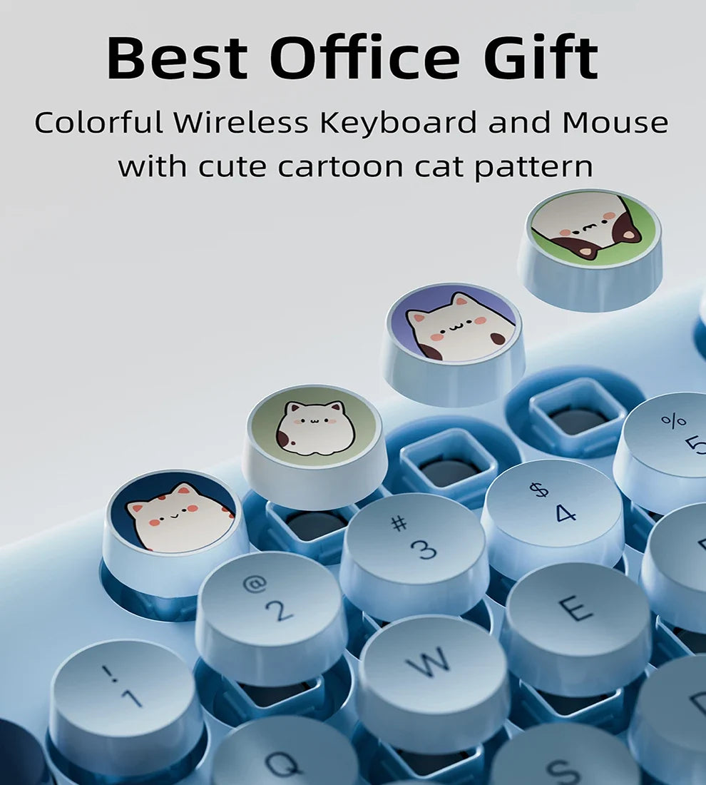 JOMAA™ Retro Cute Cat Wireless Keyboard & Mouse Combo – 104 Keys, Round Keycaps, 2.4GHz, Ergonomic, Auto Sleep, Multi-Language, Beige & Blue | FlipStylez LLC®
