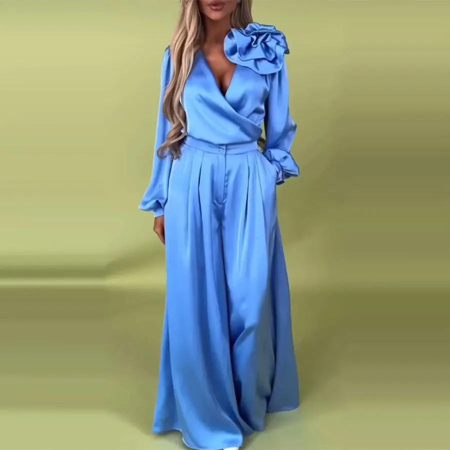 Pant Set Women Two Piece Sets V Neck Matching Sets Floral Slim Fit Tops Wide Leg Long Pants High Waist Y2k Elegant Retro 2025