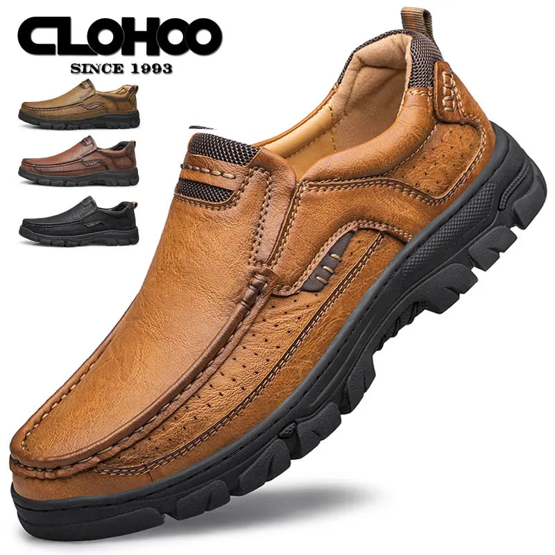 CLOHOOMen's Casual Loafers Handmade Breathable Leather Shoes with Thick Rubber Sole Comfortable Footwear Classic Hand Sewn Seams