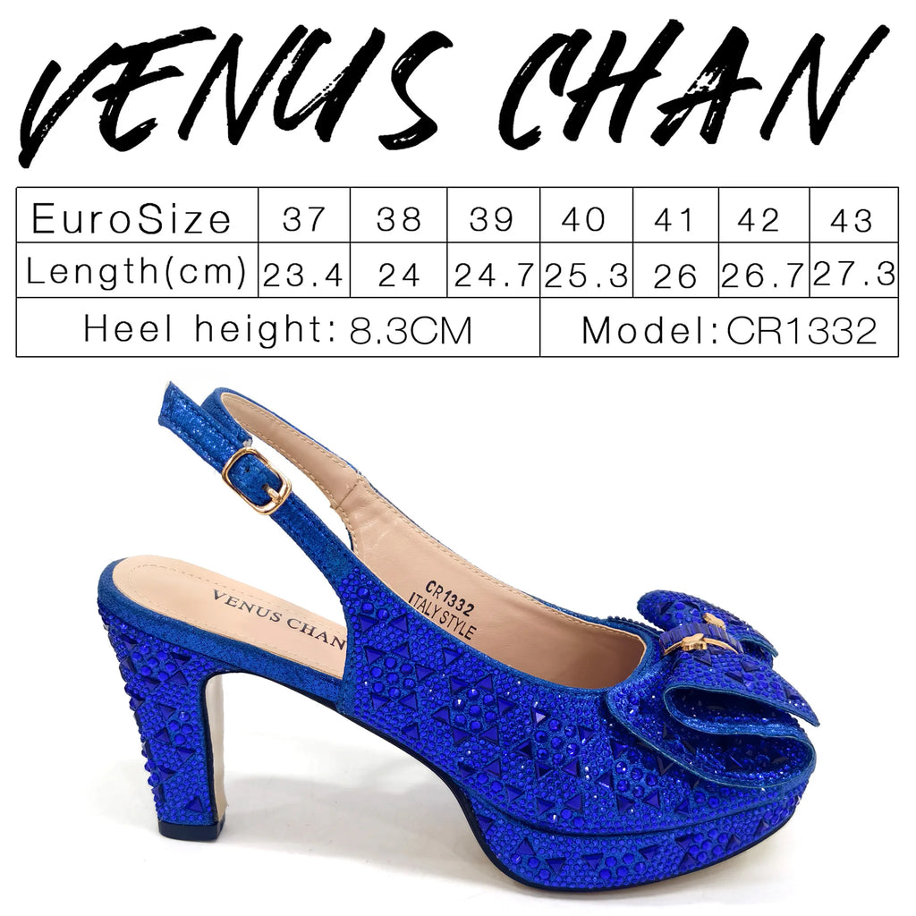 Venus Chan 2026 Elegant Women's Rhinestone Peep Toe High Heels Sandals - Italian Design with Matching Blue Handbag