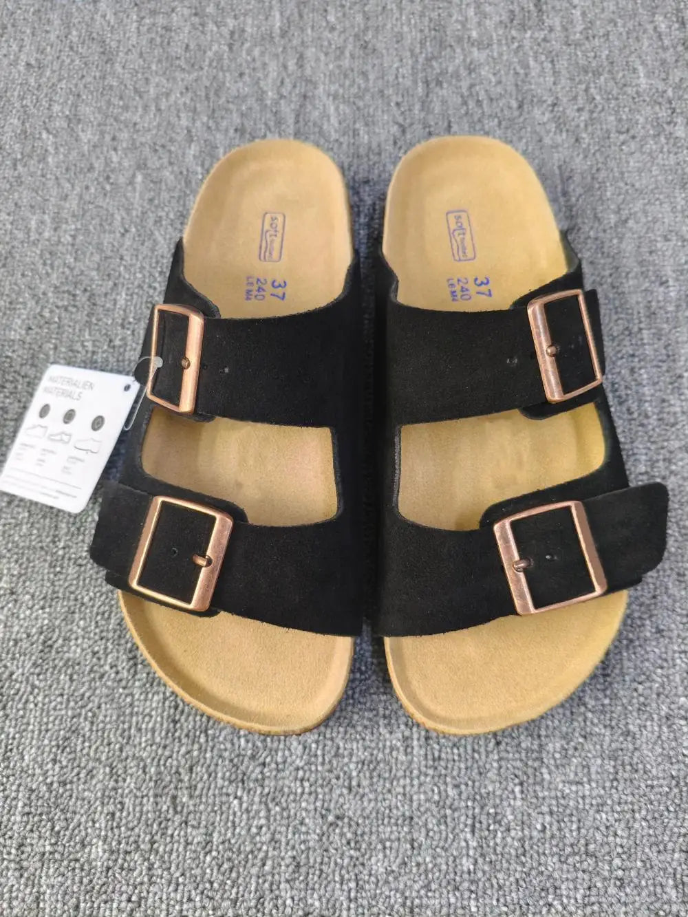 Vintage Style Unisex Double Buckle Flat Beach Slide Sandals with Cork Insole – Casual Comfort for Summer