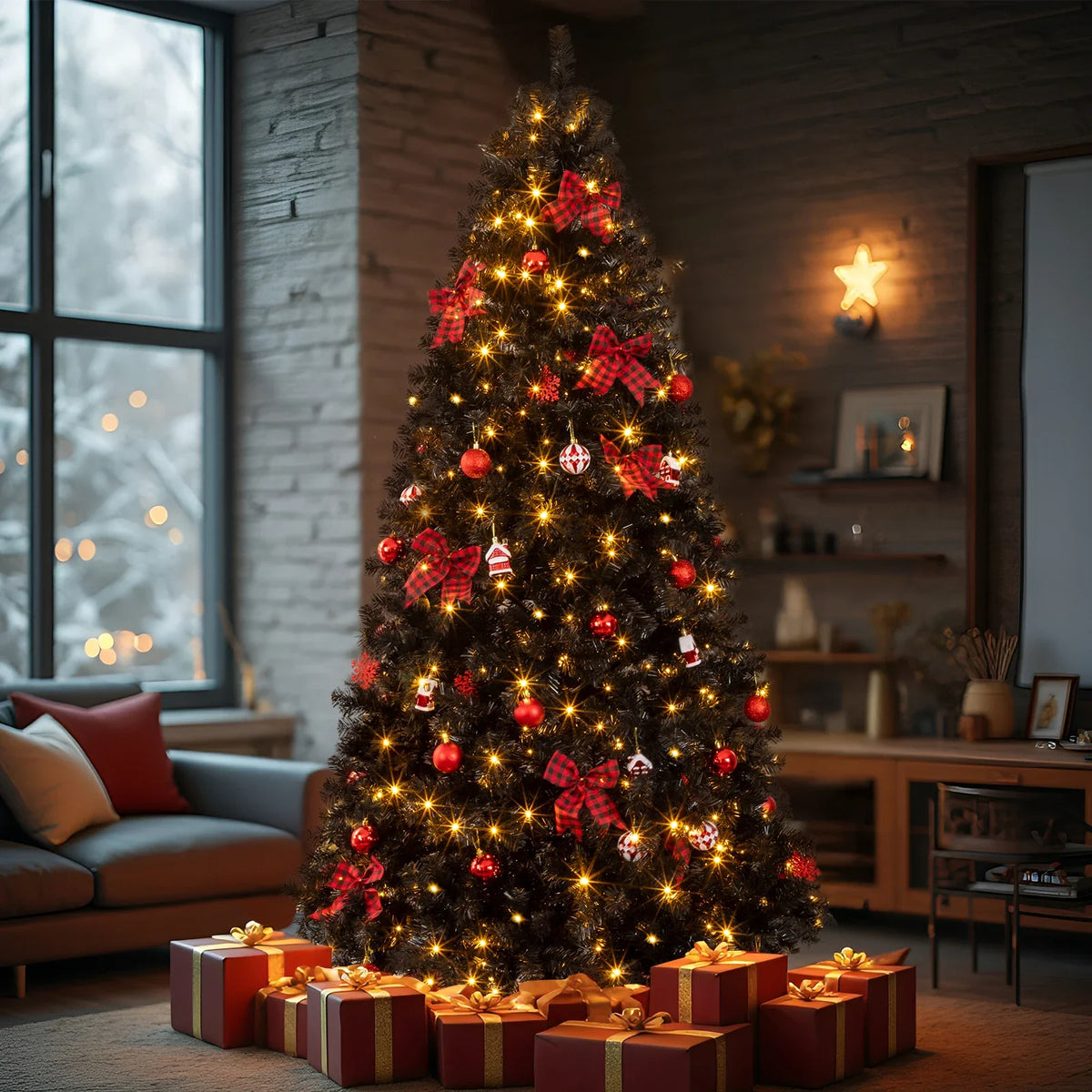 7.5FT Black Pre‑lit Artificial Christmas Tree, Hinged Xmas Tree with 350 Warm White LED Lights Remote Control, 1200 Branch Tips with Tree Skirt & Red Ornaments for Holiday Home Decor