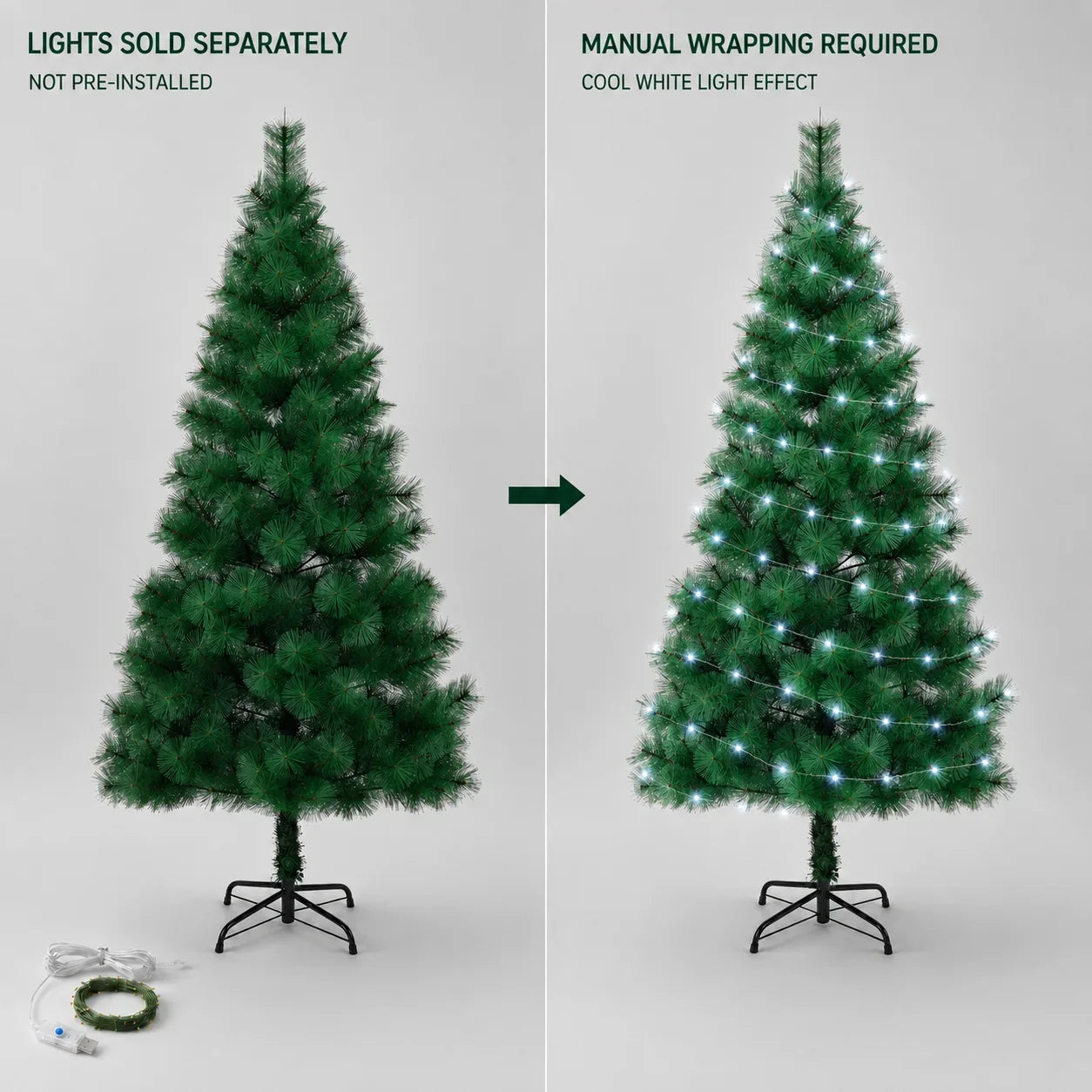 Artificial Christmas Tree 120-210cm PET Pine Needle Xmas Tree Optional USB Warm White Cool White Multicolor Lights Metal Stand