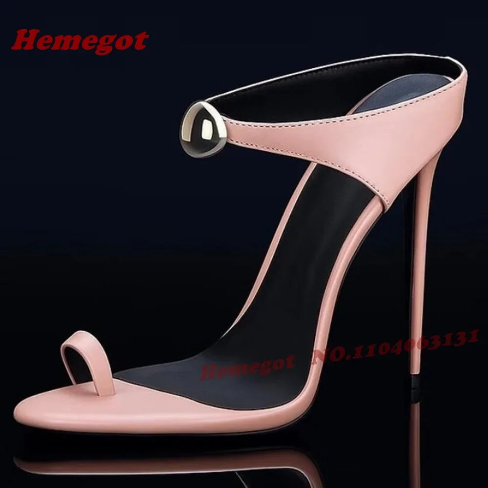Burgundy Metal Decoration Slippers Clip Toe One Strap Stiletto Women's Slippers Summer Solid Leather Patchwork High Heels Shoes