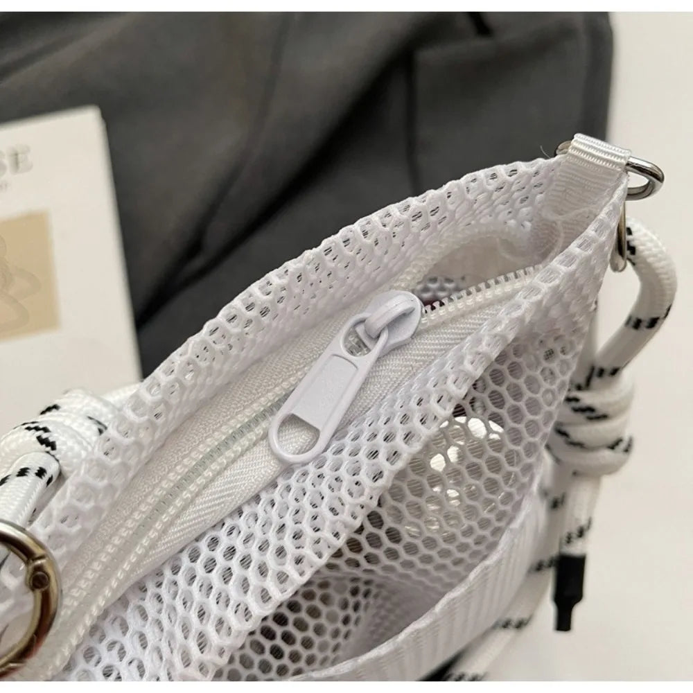 Cute Korean Nylon Mesh Wallet Teenager Hollow Shoulder Purse Bags Crossbody Solid Color Mobile Phone Bag Travel