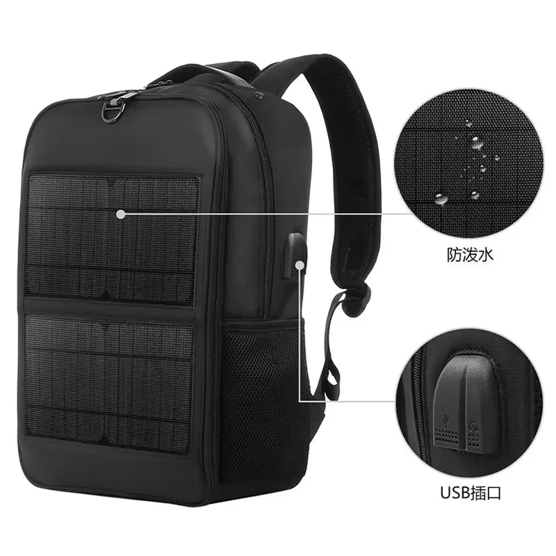 Large Capacity Waterproof Nylon Backpack with Solar Panel Power Supply USB Charging Port for Hiking Travel Outdoor Adventure