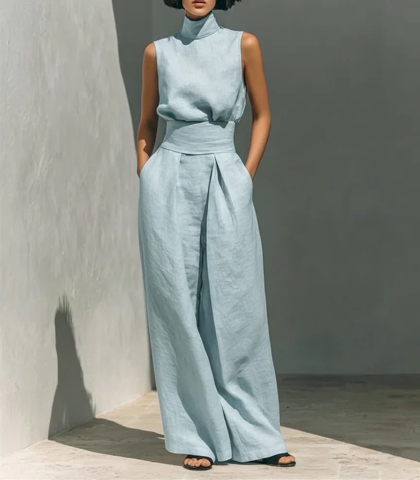 Women 2 Piece Outfit, Sleeveless High Neck Blouse & High Waist Wide