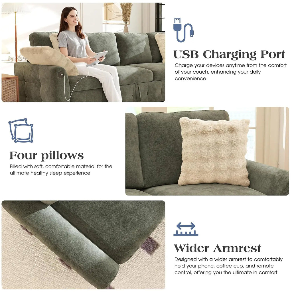 L-Shaped Sectional Sofa Bed with Storage, 5-Seater Convertible Pull Out Sleeper Sofa with USB Charging Ports, 4, Customized