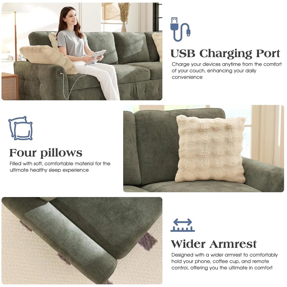 L-Shaped Sectional Sofa Bed with Storage, 5-Seater Convertible Pull Out Sleeper Sofa with USB Charging Ports, 4, Customized