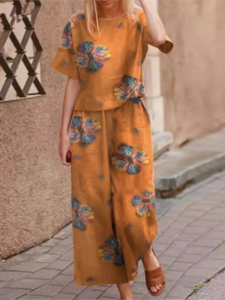 Autumn New Women's Fashion Printed Cotton Linen Plant Flower Three