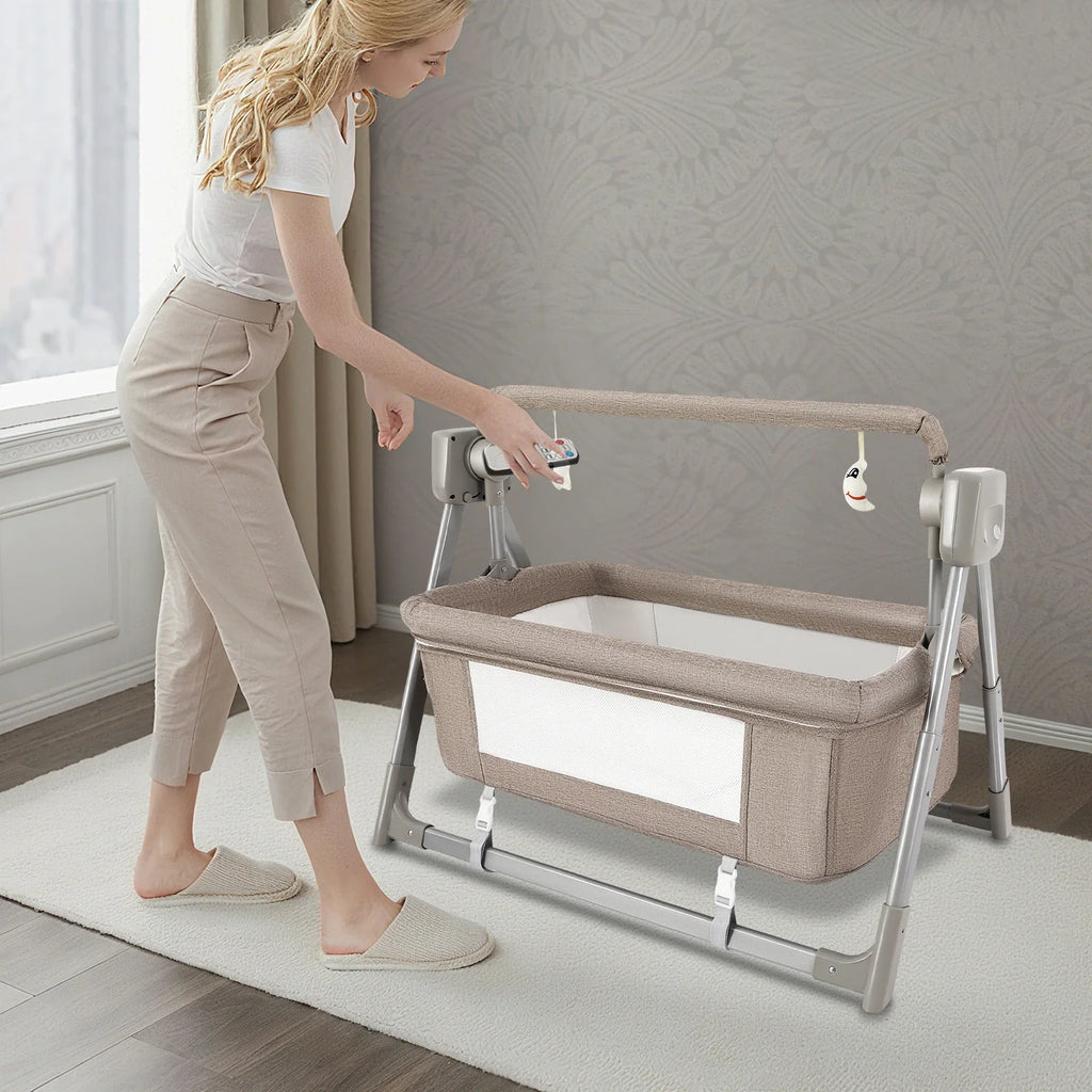 Baby Cradle Swing with Music, 5 Speed Electric Crib Auto Rocking Chair Bed, Foldable Baby Rocker for 0-36 Months, Khaki