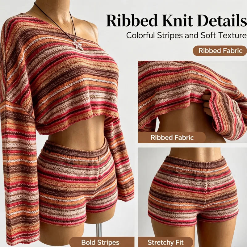 Boho Asymmetrical Off Shoulder Striped Knit Two Piece Set Women Long