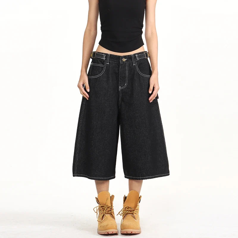 American Retro Baggy Wide Leg 3/4 Length Jean Women Y2K Vintage Spring