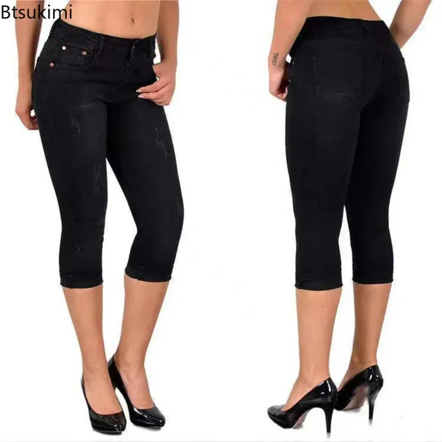 Summer Women's Skinny Denim Pants Mid Waist Stretch Capri Pants Knee
