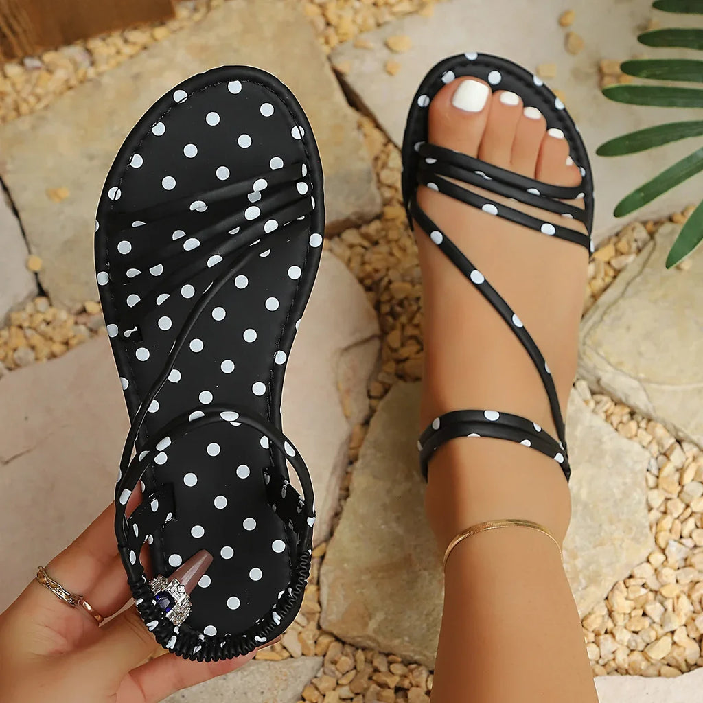 Summer Retro Dot Print Strappy Flat Sandals Ladies Elastic Back Strap Casual Sandals