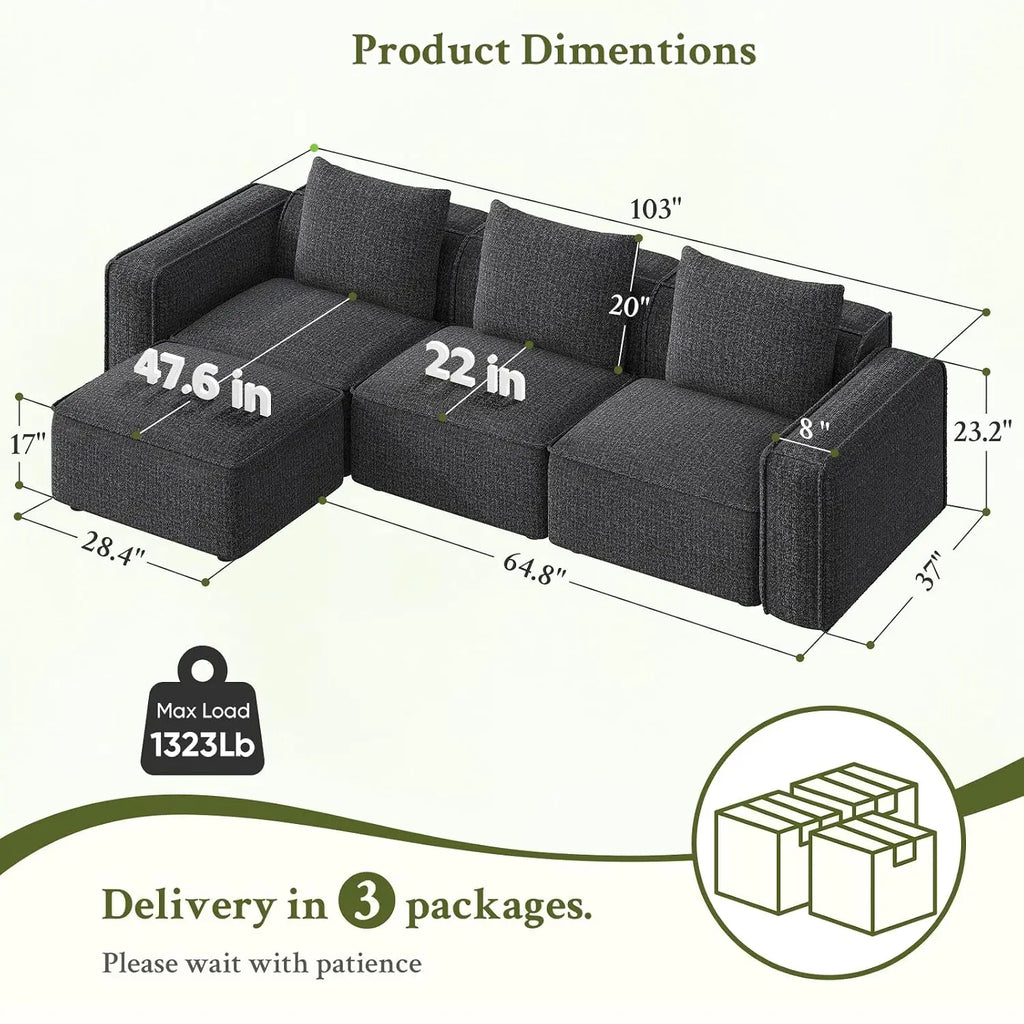 103" Sectional Couch, Locked-in Modular Sectional Sofa, Wood Frame Couches for Living Room, 22" Deep Seat L Shaped, Custom