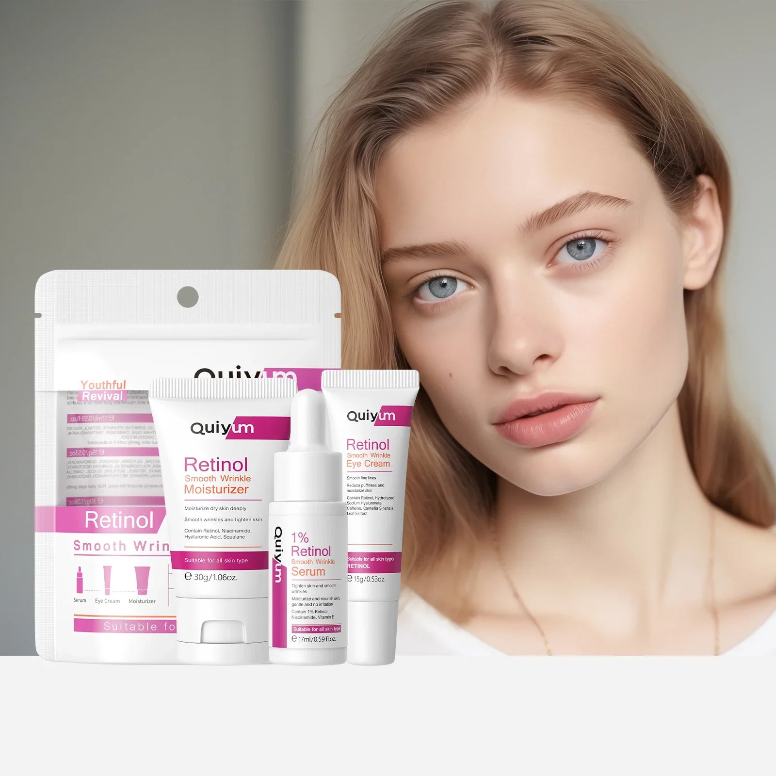QUIYUM Retinol Smooth Wrinkle Skincare Set · For All Skin Types · Smooth Wrinkles & Fine Lines Improve Skin Elasticity & Radianc