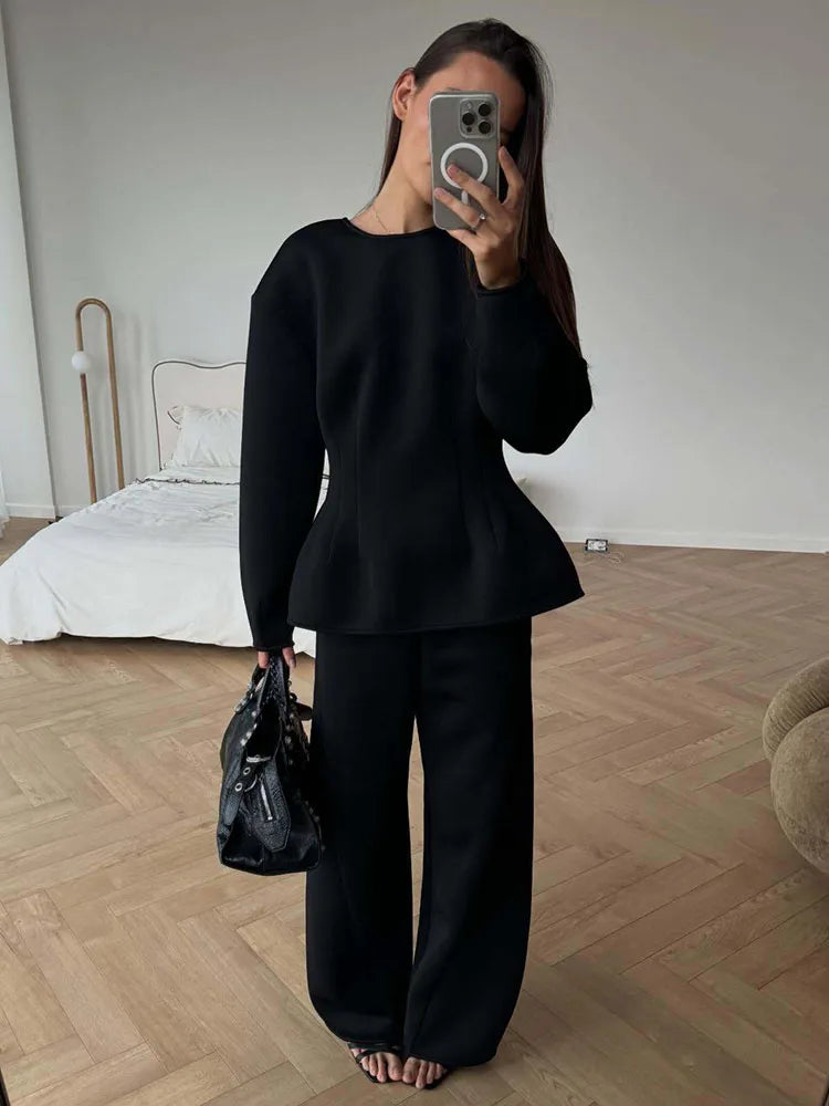 BJTZ Spring Autumn Women Solid Crew Neck Long Sleeve Top Wide Leg