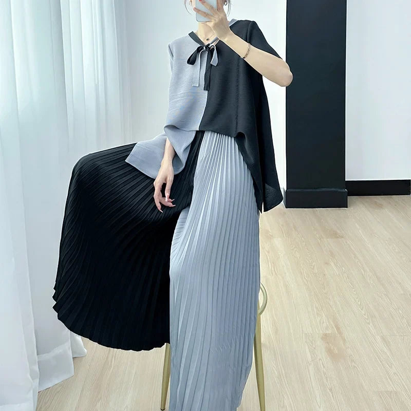 Blouse Pants Suit Women Summer Youthful Pleated Tie-Front Delicate