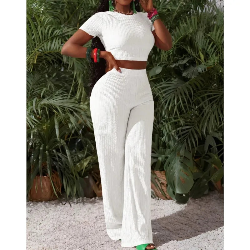 Casual Sports Set for Women Sexy Slim Short Sleeve O Neck Tops+high