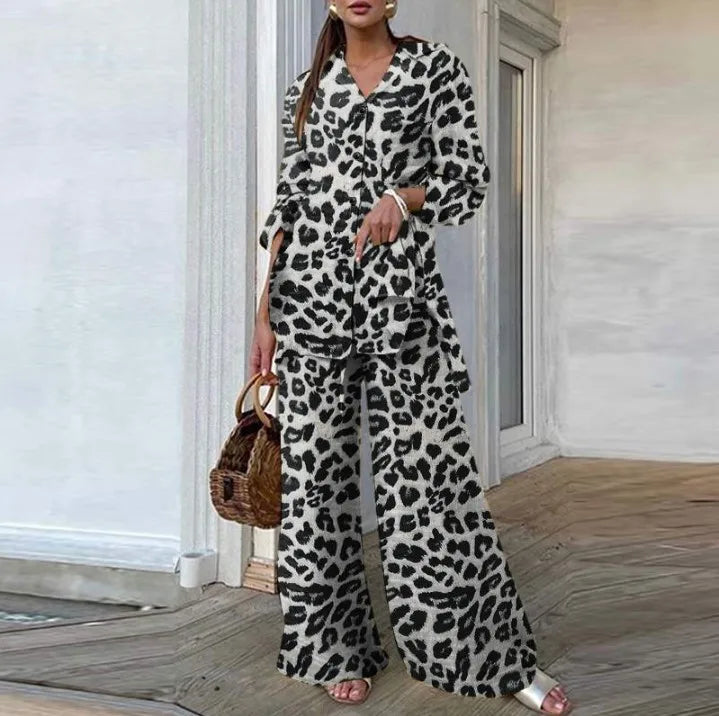 Autumn Fashion Leopard Print Women's Suit Two-Piece Retro Street Print