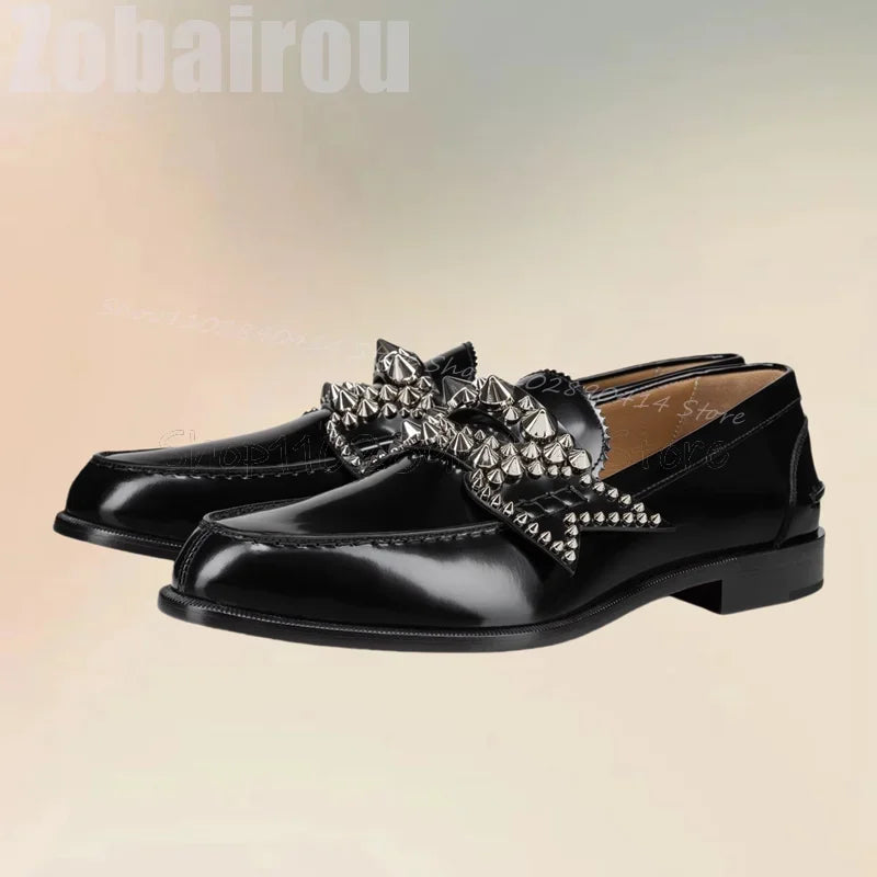 Spikes Decor Black Sewing Ruffles Design Loafers Fashion Slip On Men Shoes Luxury Handmade Party Feast Office Men Casual Shoes