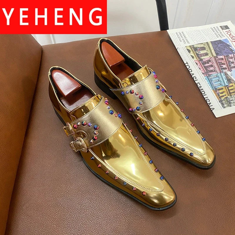 New Gold Men Dress Shoes Rivet Breathable Square Toe Double Buckle