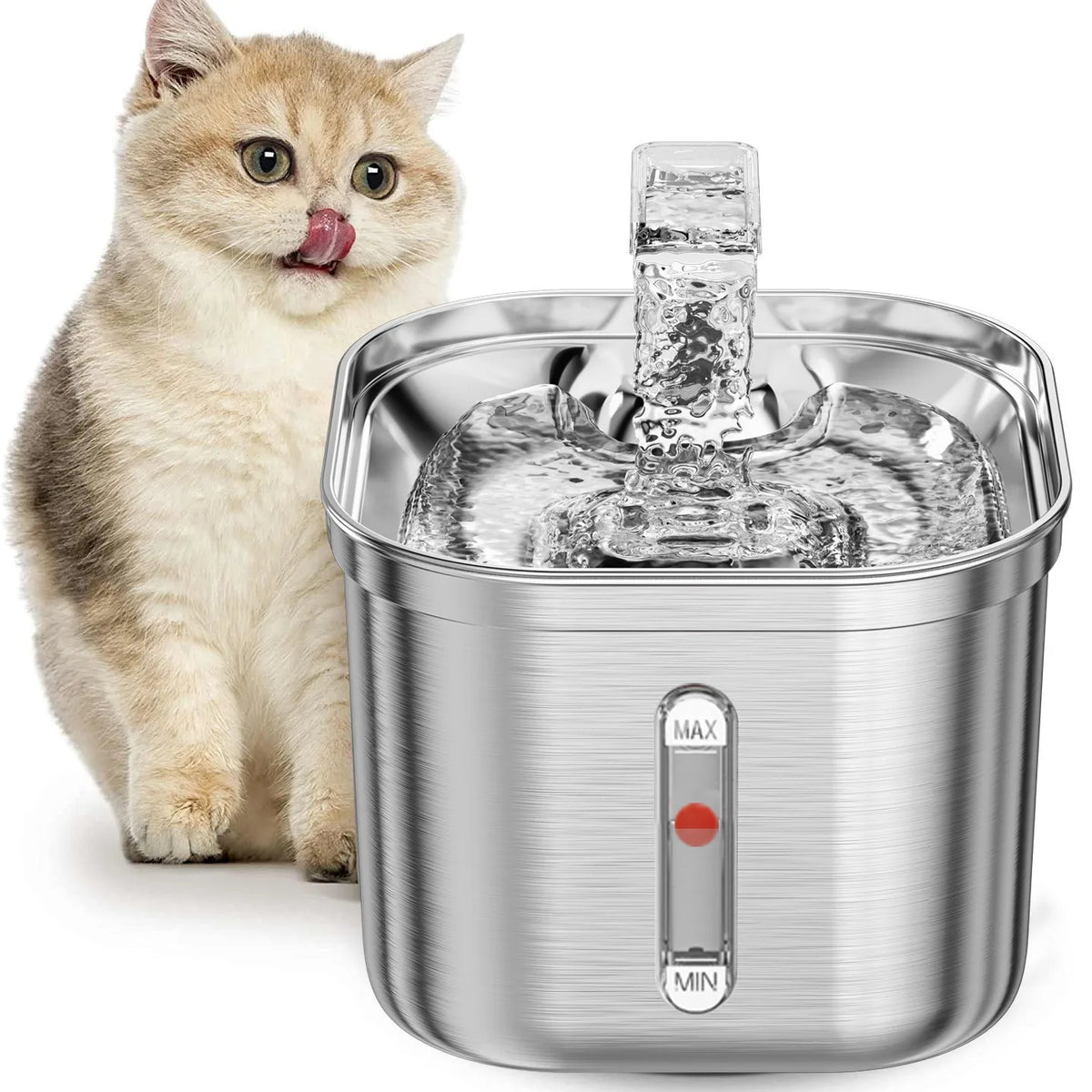 Cat Water Fountain 2.2L 304 Stainless Steel Three Gears Adjustable Inside Filters Silent Water Pump for Pet to Drink Water