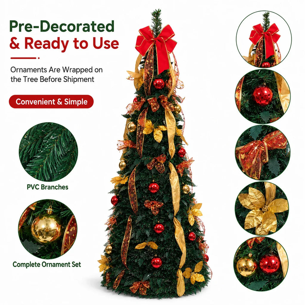 Pre Decorated Foldable Christmas Tree Artificial PVC Xmas Tree 5FT 6FT 7FT with Ornaments Space Saving Design LED Light Option