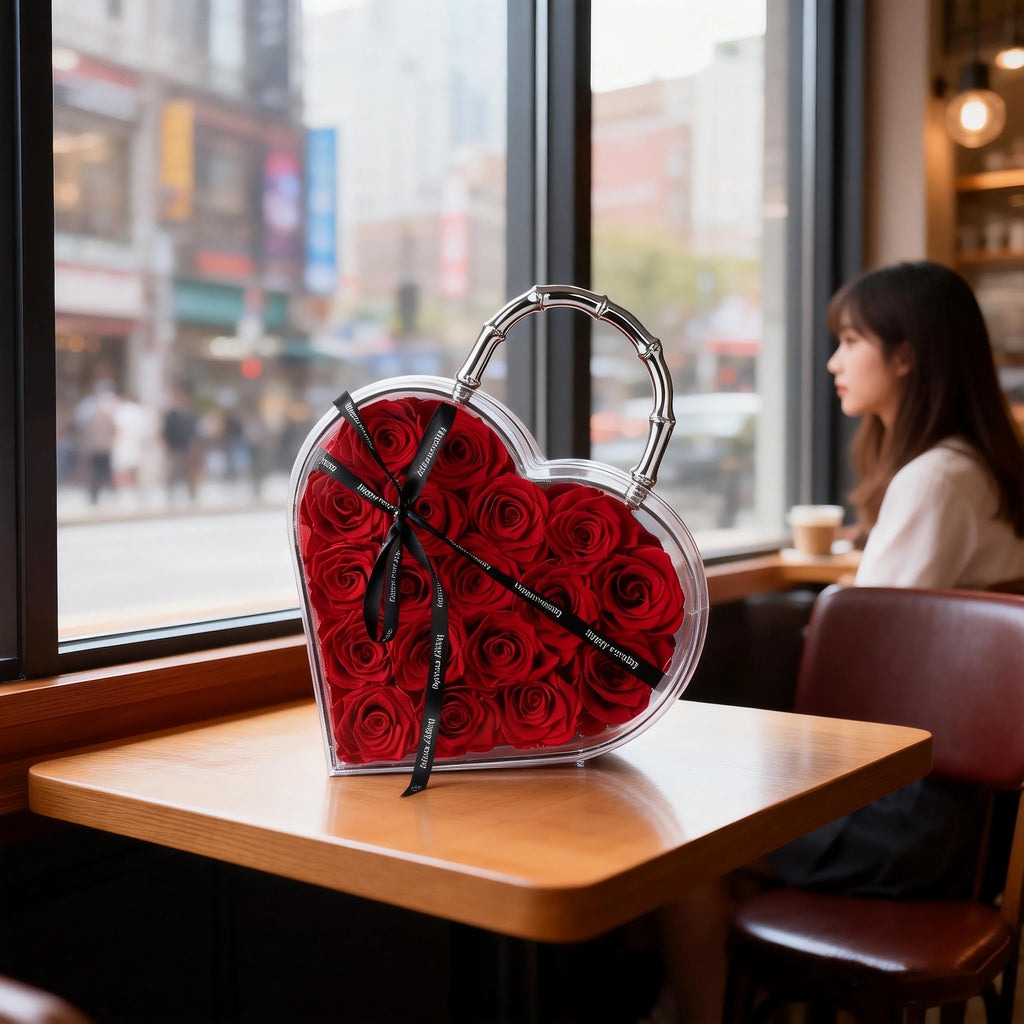 18 Preserved Roses in Heart Acrylic Display Case with Handle, Home