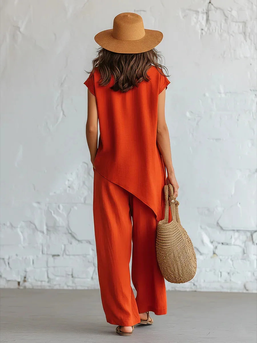 Women 2 Piece Set Elastic Waist Pocket Button Decorate Wide Leg