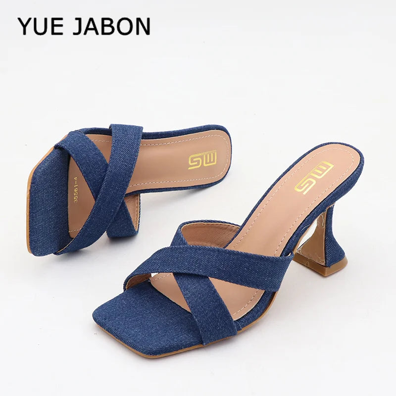 Blue Women's Shoes Fashion Summer Women's Slippers Square Toe Solid