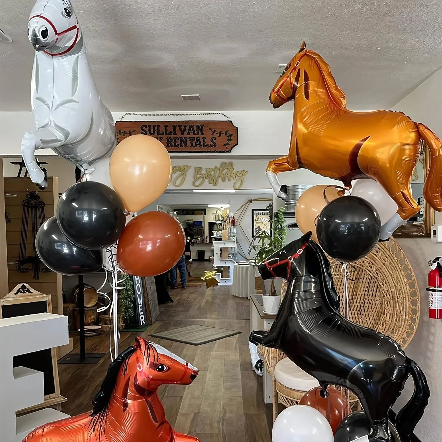 4 Western Cowboy Themed Party Balloons - Self-Sealing Aluminum Foil Horse Decorations, Brown and Black Horses with Gold Accents, Suitable for Birthdays, Father's Day, and Summer Celebrations