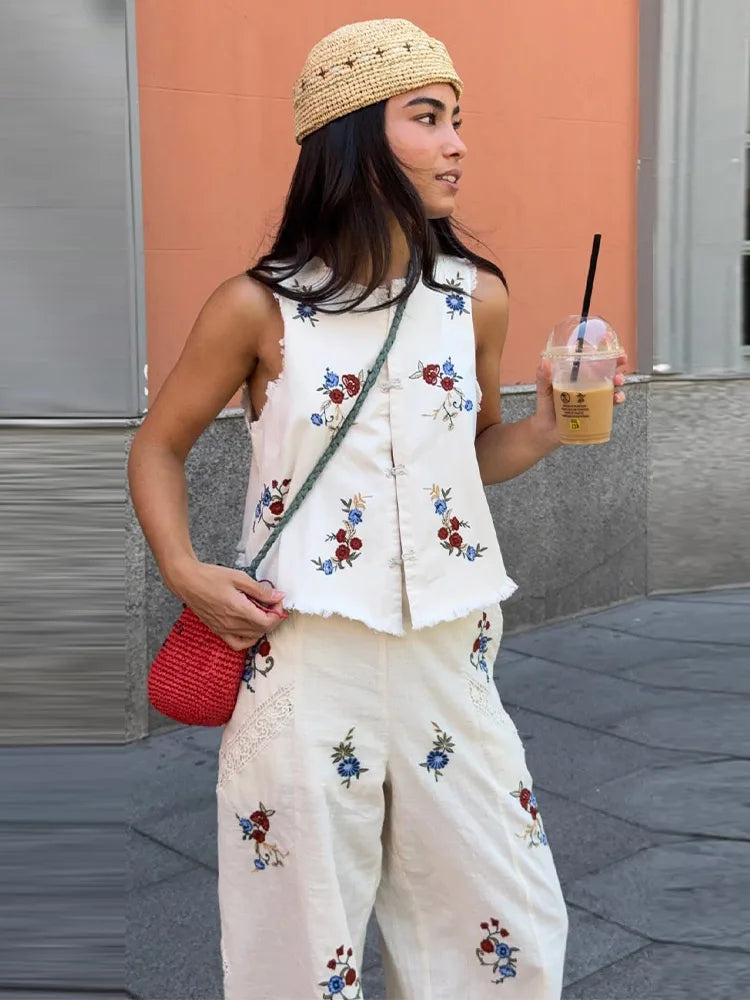 Casual Print Top Pants Women Set Elegant O-Neck Sleeveless Button Vest