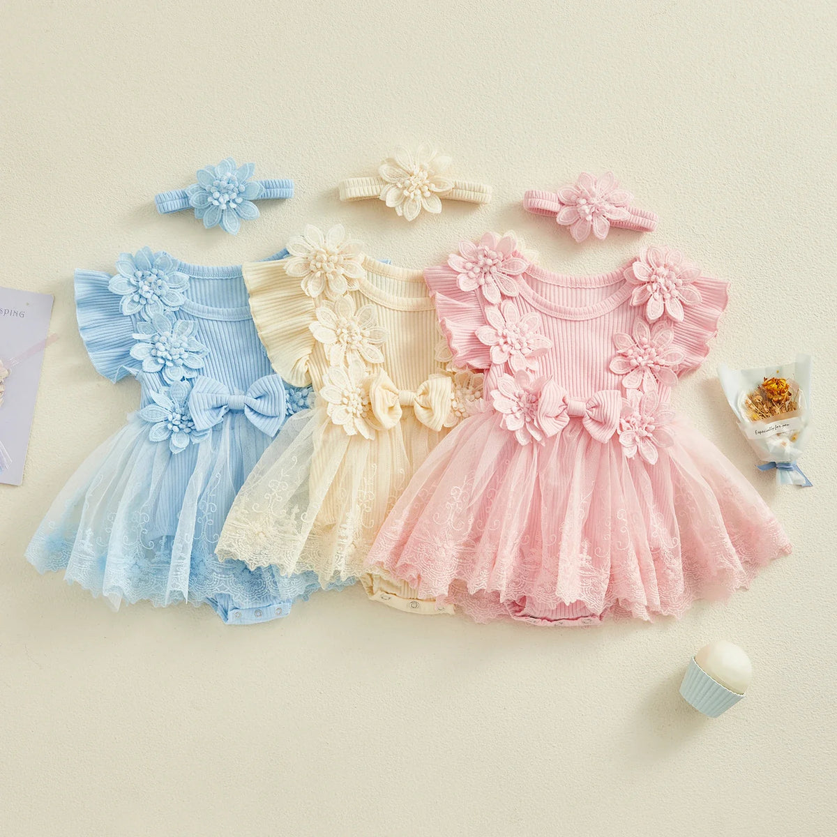 3D Flower Summer Baby Girls Romper Princess Mesh Newborn Clothes Lace