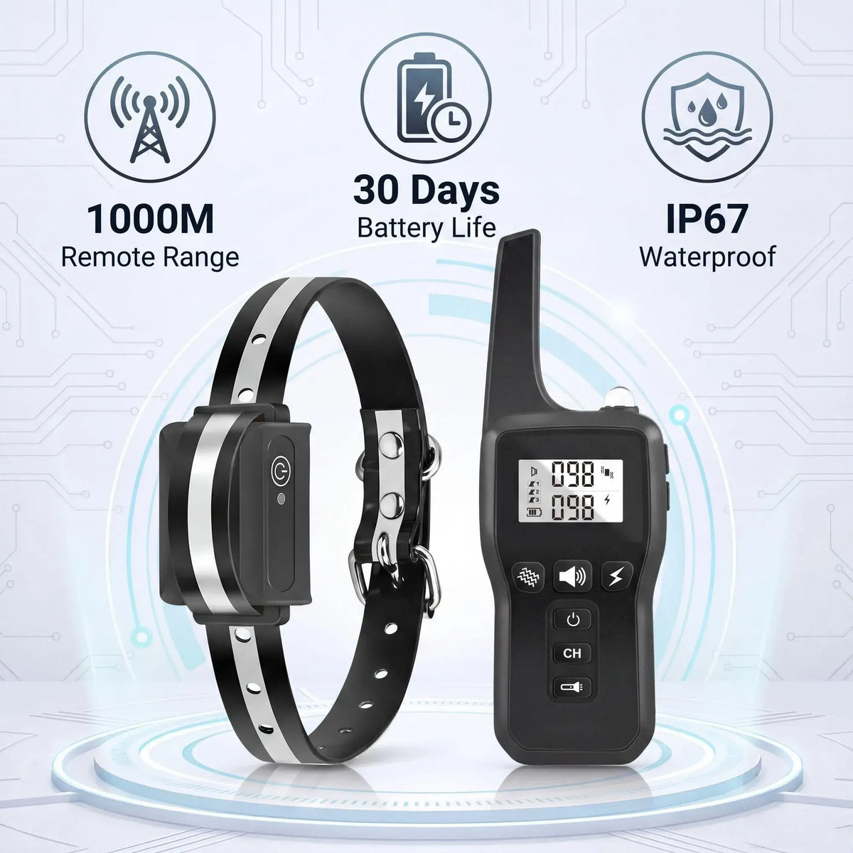 1000m Dog Training Collar IPX7 Waterproof Rechargeable Electric Shock