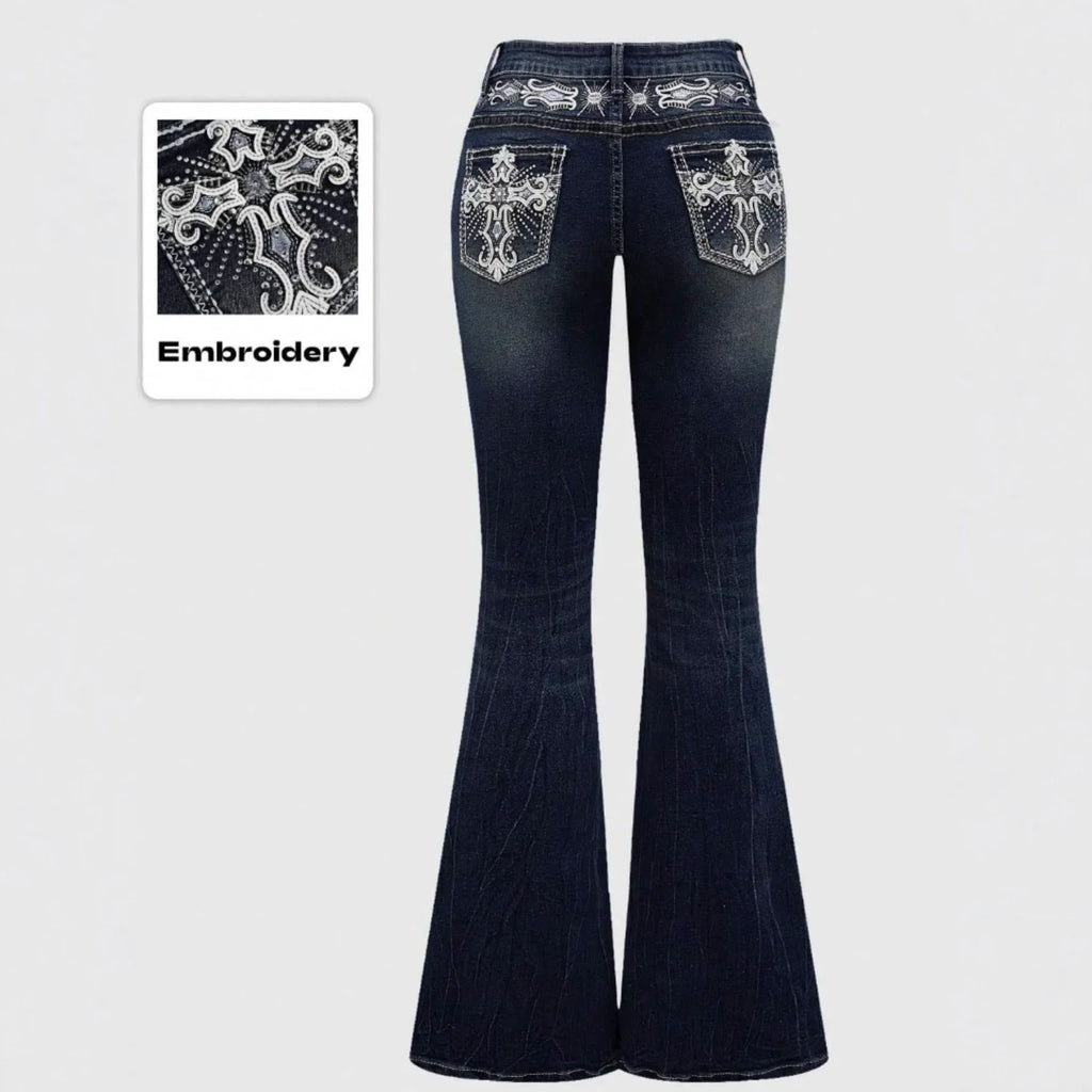 Jeans Flare Pants Women Vintage Boot Cut Embroidery Pockets Rhinestone Washed Female Distressed Denims Trousers Streetwear