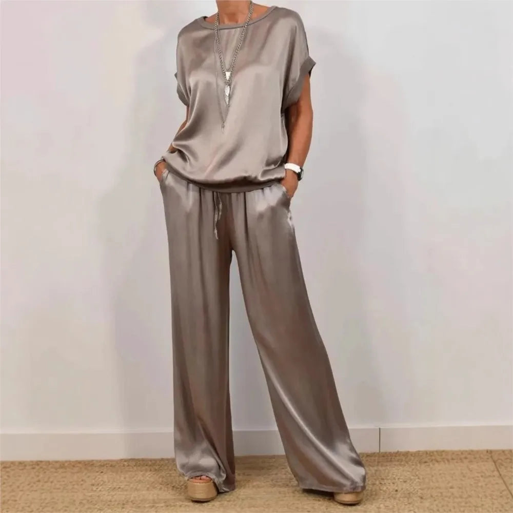 2-Piece Set Fashion Satin O Neck T-Shirt Top Trousers Summer Retro