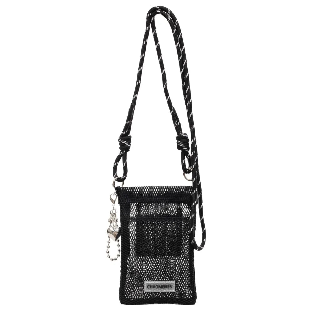 Cute Korean Nylon Mesh Wallet Teenager Hollow Shoulder Purse Bags Crossbody Solid Color Mobile Phone Bag Travel