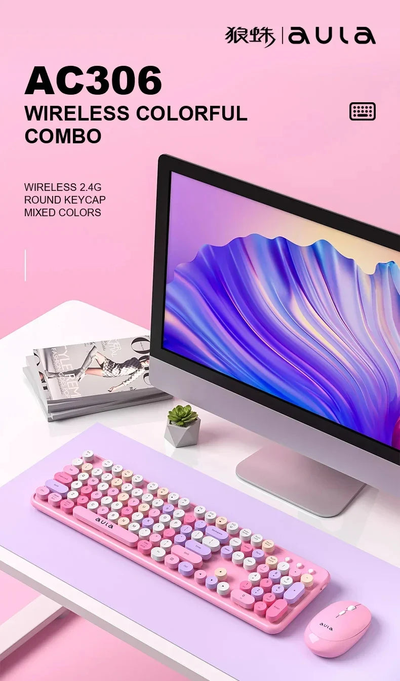AULA AC306™ Wireless Retro Round Keycap Keyboard & Mouse Set – Silent 2.4G, Pink & Coffee | FlipStylez LLC®
