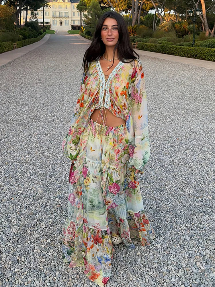 Bohemian Floral Matching Set V Neck Tie Front Crop Top Elastic Waist